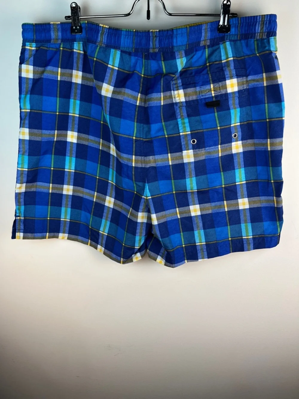 Ralph Lauren Blue Plaid Swim Trunks with Yellow Accents